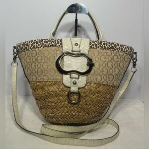 Guess Vintage Woven Straw Monogram Canvas Leopard Print Tote/Crossbody Bag